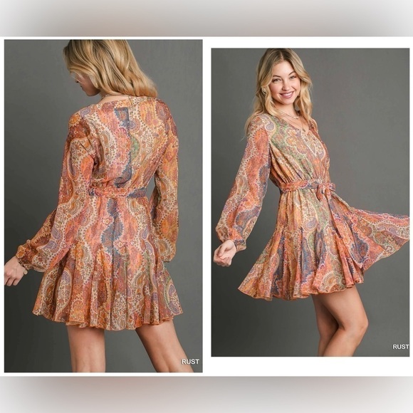 UMGEE METALLIC V NECK BELTED DRESS in Rust - Picture 3 of 12